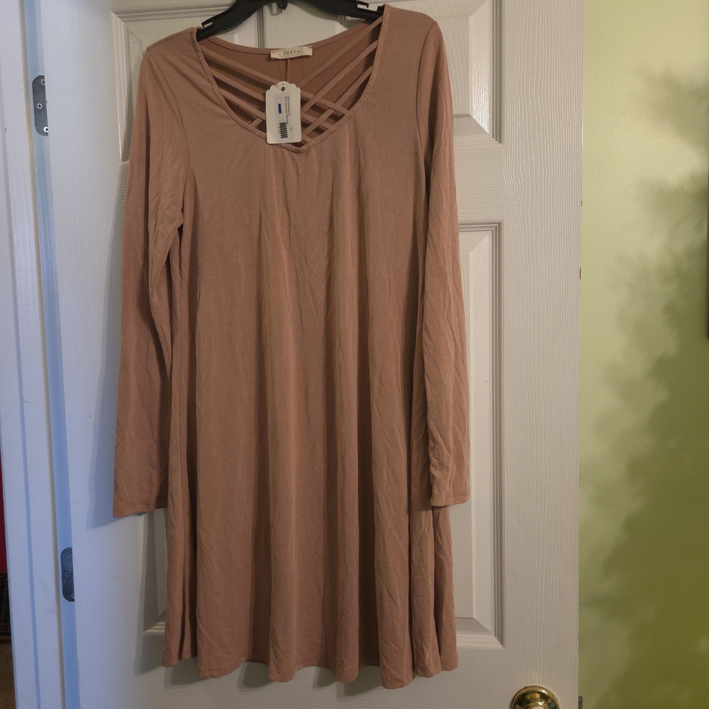 Blush Long Sleeve Dress with Criss-Cross Neckline